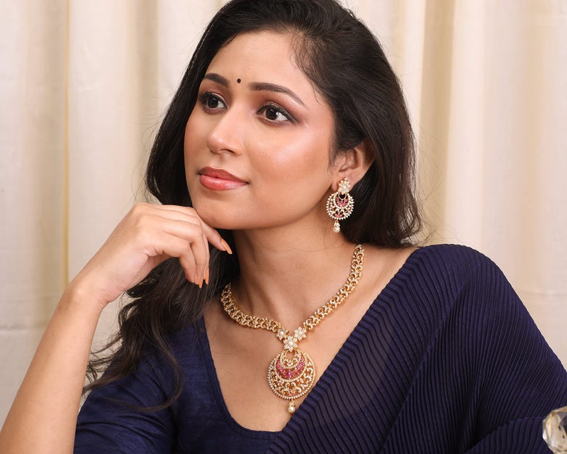 TARINIKA Gold Plated Brass Antique Nakshatra CZ Short Necklace Set with Earrings for Women Indian Jewelry Set Desi Necklace Pearl Fashion Jewelry Gift for Her (Tiah Nakshatra CZ) - Image 2